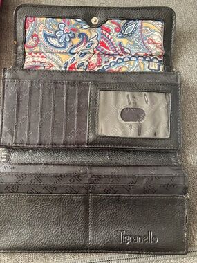 Tignanello Black Leather Wallet with Multicolor Paisley Interior